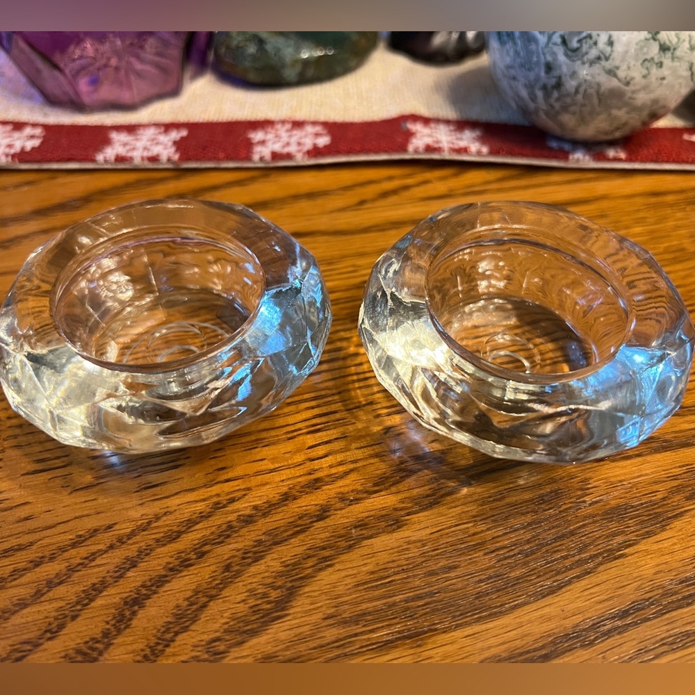 Faceted medium-weight clear glass sphere stands, set of 2.